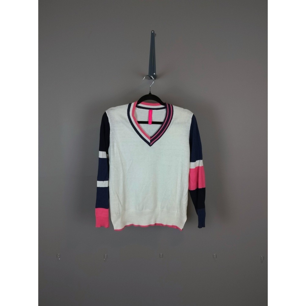 Vintage Light Cotton Cashmere Colorblock V-Neck Sweater Pink White Navy